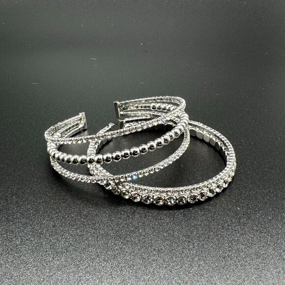 Rhinestone Cuff Bracelet Set Silver Tone Stretch Bling Statement 2pc Formal - Picture 2 of 12